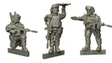 Three detailed miniature figures of U.S. Marines are displayed, each standing on a base labeled "WHITE DRAGON MINIATURES 2024." The first figure holds a weapon in one hand and gestures with the other, while the second figure points forward, equipped with tactical gear and a rifle. The third figure stands with a weapon slung, showcasing a realistic portrayal of modern military equipment.