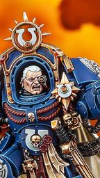 A detailed miniature of Marneus Calgar, a prominent character from the Warhammer 40,000 universe, is depicted in a striking pose. He wears ornate blue power armor adorned with gold embellishments, featuring a prominent Ultramarines symbol on his chest and a skull motif. The background is a dramatic orange, suggesting a fiery battlefield, enhancing the intensity of the scene.