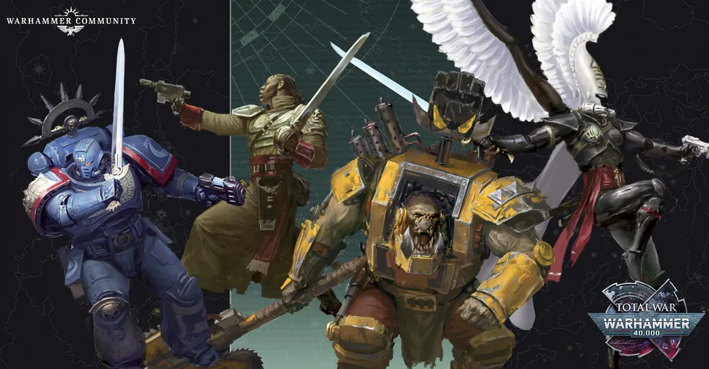 A dynamic illustration features four distinct characters from the Warhammer 40,000 universe. On the left, a Space Marine in blue armor holds a pistol, while a figure in a military uniform brandishes a sword in the center. To the right, an imposing Ork in yellow armor displays a fierce expression, and behind him, a character with a mechanical arm and a large weapon stands ready for battle. The background includes a stylized map, enhancing the sci-fi atmosphere of the scene.