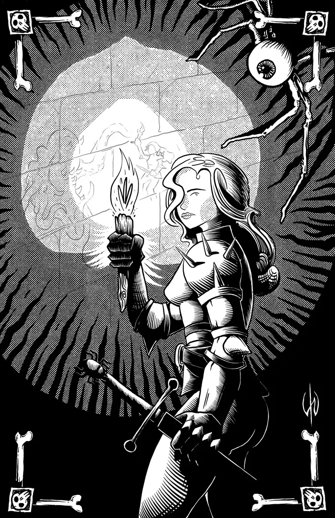 Woman in armor holding a torch, spider-like robot behind her.