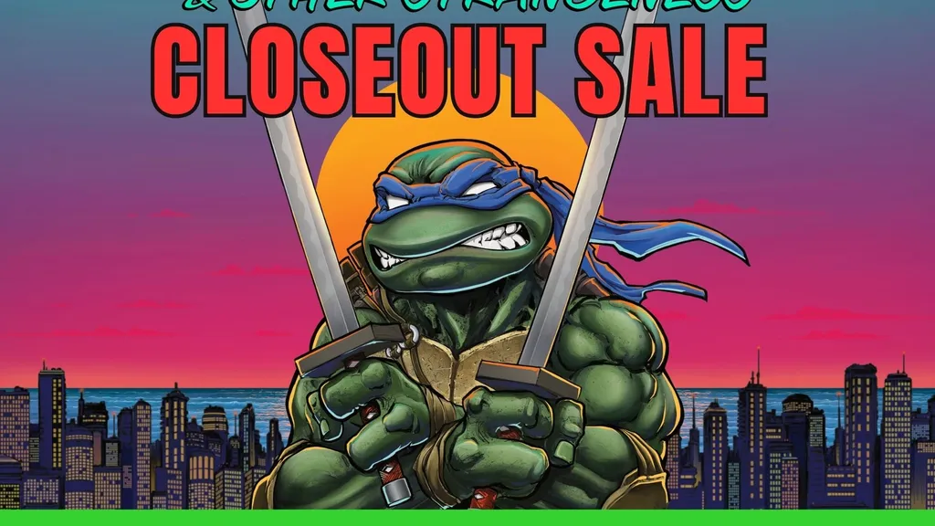 A Teenage Mutant Ninja Turtle character in green shell, blue mask, and orange bandana holds two crossed swords. Neon sign reads: "TEENAGE MUTANT NINJA TURTLES & OTHER STRANGENESS CLOSEOUT SALE" with "SHOP NOW BEFORE THEY VANISH" below. City skyline in background.