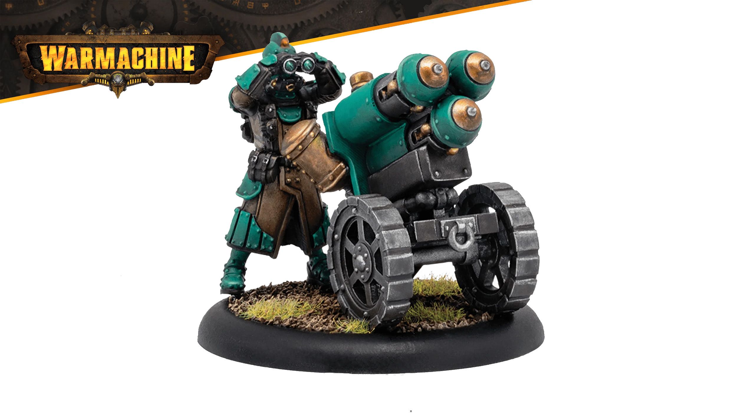 A Crucible Guard Mechanik stands beside a large, wheeled artillery piece, showcasing a blend of teal and brown armor with intricate detailing. The Mechanik is equipped with goggles and a tool belt, emphasizing their role in maintaining war machines. The base features tufts of grass, adding a touch of realism to the miniature's presentation.