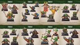 A collection of colorful goblin miniatures is displayed, featuring various character types including heroes, champions, standard bearers, and Iron Skulls. Each miniature is intricately designed, showcasing unique details and poses, with vibrant colors that highlight their personalities. The bottom section includes goblin archers and mercenaries, all presented on 25mm square bases, emphasizing their role in a fantasy warband or army.