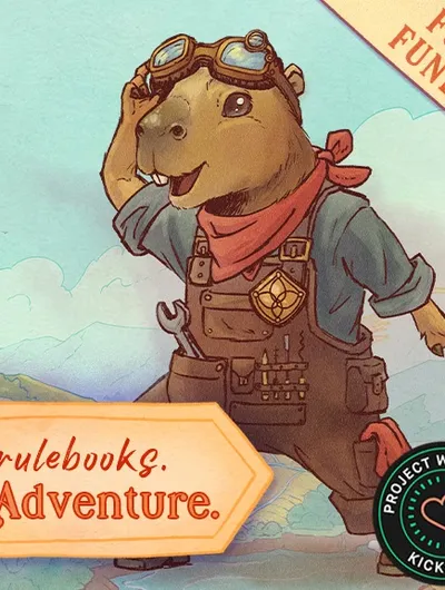 Illustrated book cover for *The Adventure Guide: Secrets of Enduril*. A large, stylized red dragon with yellow and orange scales coils around the left side, its head near the top. Behind the dragon, a tropical shoreline with palm trees and mountains is visible. On the right, a cartoonish humanoid badger wearing aviator goggles, a red scarf, and a brown leather vest stands on a stone pillar, holding a rolled-up map. A parchment banner at the bottom reads: "Skip the rulebooks. Start the Adventure." The book’s title, *The Adventure Guide*, appears in large, bold red letters along the dragon’s body, with "Secrets of Enduril" in smaller white text below. At the top left, smaller text reads: "D&D Starter Kit for families and beginners."