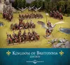 Miniature battlefield scene with two armies: Bretonnian knights in red armor with shields and lances, and Khemri forces in dark robes with spears. Central figure wears ornate silver armor with a winged steed. Background includes rocky terrain, trees, and a river.