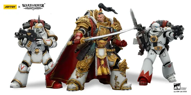 A detailed action figure of Jaghatai Khan stands on the right, adorned in ornate armor with intricate gold detailing, holding a sword. To the left, a Tactical Marine in Mk III power armor is posed with a firearm, featuring a skull motif and a red backpack. Both figures are set against a simple background, showcasing their impressive craftsmanship and articulation.