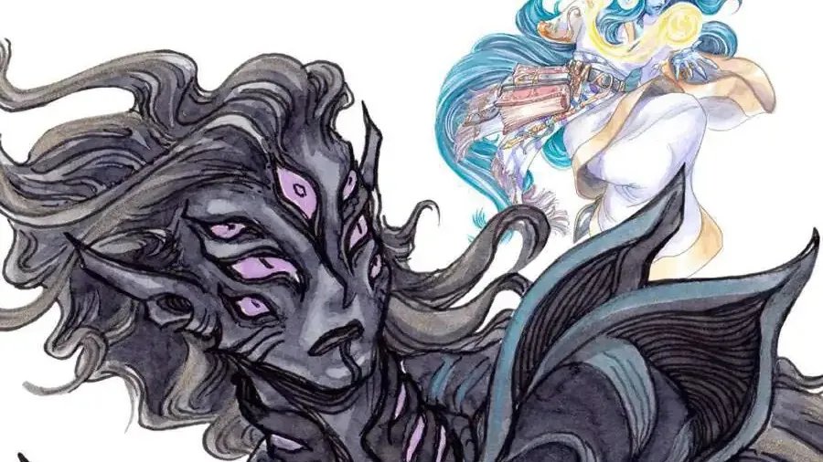 "AT THE GATES" text above a dark figure with multiple eyes and a blue-haired figure holding a book.