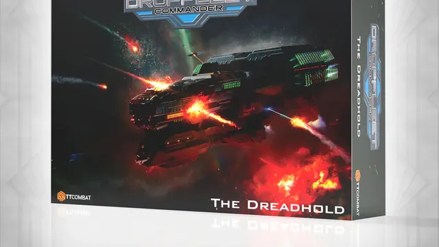 A dramatic cover for the "Dropfleet Commander: The Dreadhold" starter set features a large, heavily armed spaceship amidst a backdrop of vibrant cosmic colors and explosive effects. The ship is detailed with glowing lights and weaponry, suggesting intense action, while the title "The Dreadhold" is prominently displayed at the bottom. The TTCombat logo is visible in the lower left corner, indicating the publisher.