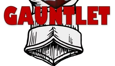 A red twenty-sided die (d20) is prominently held in a fist, symbolizing gaming and adventure. Below the die, the word "GAUNTLET" is displayed in bold red letters. The background features a stylized illustration of a hand wearing a sleeve, emphasizing the theme of tabletop gaming.