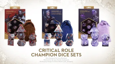 Two sets of Critical Role Champion Dice are displayed prominently. On the left, the set inspired by Percival Fredrickstein Von Musel Klossowski De Rolo III features a dark blue velveteen bag and dice with a starry design, showcasing numbers in a contrasting color. On the right, the set inspired by Essek Thelyss is presented in a purple theme, with a matching bag and dice that have a mystical appearance, also featuring white numbers. Each set is packaged in a decorative box with character artwork and the Critical Role logo.