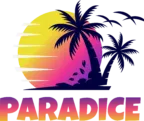 A vibrant logo for "Paradice" features a stylized sunset with a gradient of yellow to pink, set against a dark blue silhouette of palm trees. The word "PARADICE" is prominently displayed in bold, colorful letters at the bottom, blending shades of pink and orange. The overall design evokes a tropical and inviting atmosphere, perfect for a board game convention.