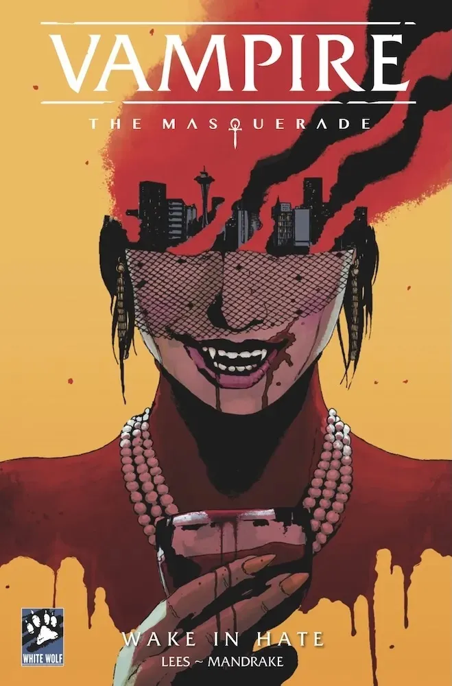 Vampire with fangs, mesh veil, pearl necklace, holding bloody phone. Text: "WAKE IN HATE LEE ~ MANDRAKE"