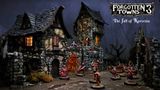 A detailed scene depicts a dark, atmospheric village with intricately designed stone buildings, including a tall tower and a smaller structure with a wooden door and windows. In the foreground, several miniature figures are positioned, some appearing to engage in combat, while others stand ready, showcasing a variety of poses and weapons. The title "Forgotten Towns 3: The fall of Korvenia" is prominently displayed at the top, adding context to the scene.