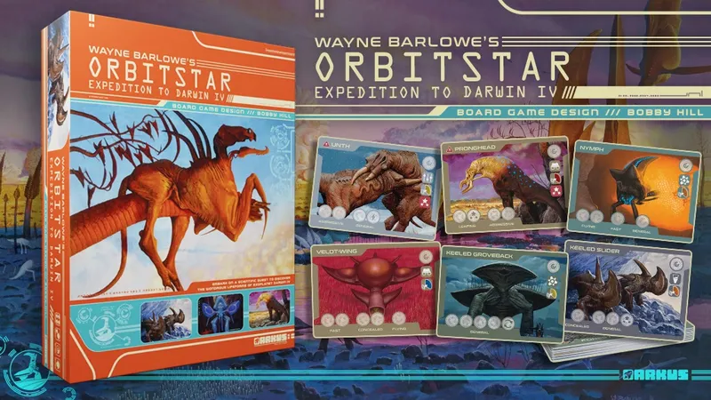 Wayne Barlow's Orbitstar: Expedition to Darwin IV board game design cards spread out.