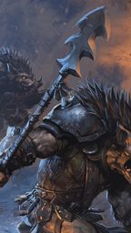 A group of fierce, anthropomorphic boars clad in rugged armor and wielding weapons, including a large, spiked spear, charge forward in a dynamic battle scene. Their muscular forms are accentuated by spiky fur and menacing expressions, showcasing their readiness for combat. In the background, additional boars can be seen, adding to the chaotic atmosphere of the illustration, which features dark, smoky tones and hints of fiery orange, suggesting a tumultuous battlefield.