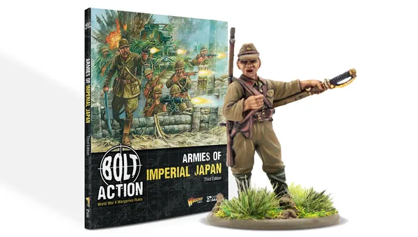 A book titled "Armies of Imperial Japan" from Warlord Games is prominently displayed, featuring a colorful cover illustration depicting Japanese soldiers in action, with a backdrop of explosions and military equipment. The book is positioned upright, showcasing its spine and cover, while a detailed 28mm miniature of a Japanese soldier is placed in the foreground, emphasizing the theme of the game. The text on the cover highlights the book's focus on World War II wargaming rules for the Imperial Japanese Army.