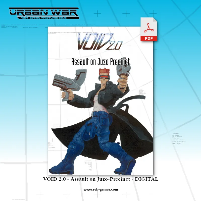 A digital cover for "VOID 2.0 - Assault on Juzo Precinct" features a stylized character with spiky red hair, wearing a black trench coat and blue pants. He holds two futuristic guns, one in each hand, and has a confident stance. The background is a gradient of light blue, with a grid pattern suggesting a technical or urban environment, and the title is prominently displayed at the top.