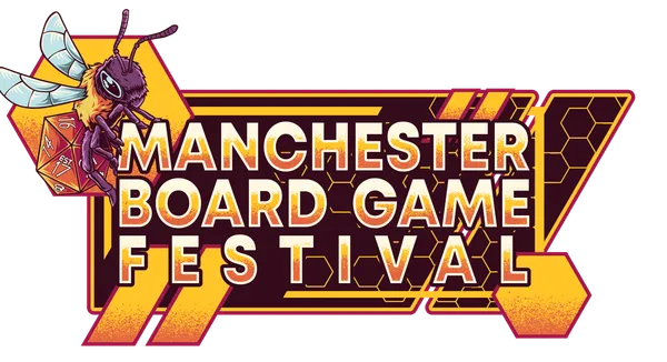 A vibrant logo for the Manchester Board Game Festival features a stylized bee holding a red dice, set against a geometric background of yellow and maroon. The text "MANCHESTER BOARD GAME FESTIVAL" is prominently displayed in bold, white letters, with a dynamic design that includes hexagonal shapes and lines. The overall aesthetic conveys a fun and energetic atmosphere, suitable for a board game event.