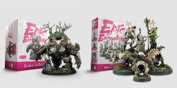 A detailed miniature of a large, menacing creature resembling a twisted tree stands prominently on the left, showcasing intricate textures and features like gnarled branches and a mossy base. To the right, the box for "Epic Encounters: Forest of the Damned" is displayed, featuring vibrant artwork and images of additional miniatures included in the set. The overall color scheme includes earthy tones, emphasizing the forest theme of the release.