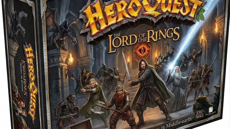 A box for "HeroQuest: The Lord of the Rings" features a dynamic illustration on the front, showcasing iconic characters from the series, including Aragorn, Legolas, and Gandalf, set against a dark, stone dungeon backdrop. The title is prominently displayed at the top, with the One Ring symbol glowing in the center. The box also includes a treasure chest filled with gold coins and jewels, hinting at the adventures within.