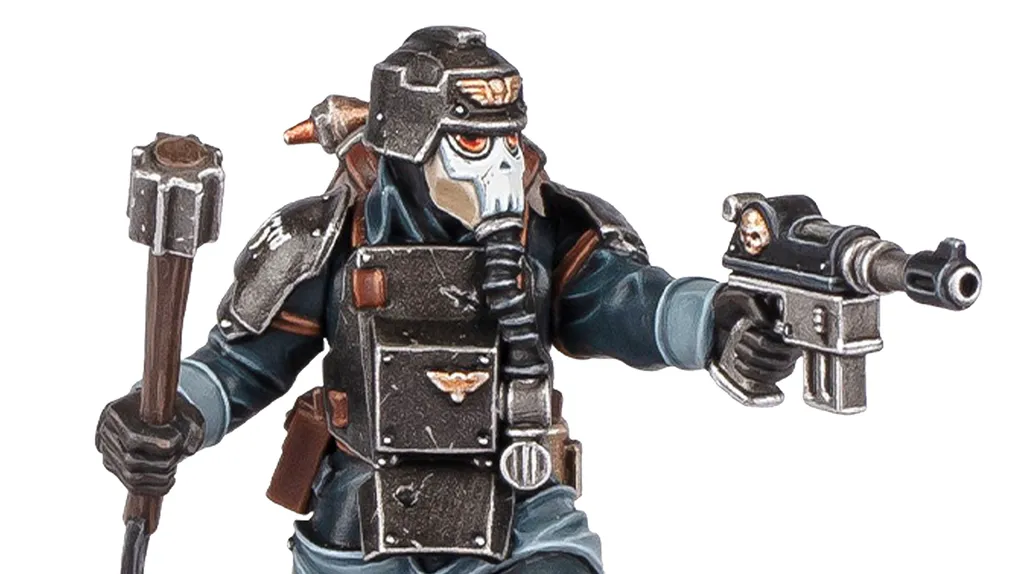 A detailed miniature figure of a Death Korps of Krieg Combat Engineer, wearing a dark uniform and a distinctive helmet with a skull motif. The figure is equipped with various tools and weapons, including a pistol in one hand and a device in the other. The overall color scheme features dark tones with metallic accents, emphasizing the character's militaristic design.