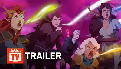 A group of animated characters from "The Legend of Vox Machina" is depicted in a dramatic scene, with expressions of concern and determination. The background features swirling pink and purple hues, suggesting a chaotic or magical environment. Prominently displayed in the foreground is the word "TRAILER," indicating the promotional nature of the image.