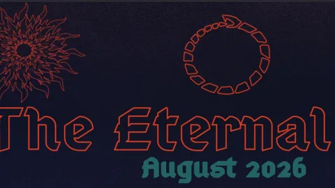 Orange outline of a crown and text "Eternal August 2" on dark background.