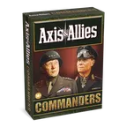 A box for "Axis & Allies: Commanders" features a striking illustration of two historical military leaders. On the left, a U.S. General in a uniform adorned with medals and a helmet, and on the right, a German Field Marshal in a dark uniform with distinctive insignia. The title "Axis & Allies" is prominently displayed at the top, with "COMMANDERS" in bold gold letters at the bottom, and a small age recommendation of "14+" in the lower corner. The background is a gradient of warm colors, enhancing the dramatic presentation.