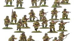 A collection of multi-part plastic miniatures representing US Airborne soldiers in early war, reinforced M42 jump uniforms. The figures are posed in various action stances, showcasing a range of weapons including rifles, submachine guns, and a bazooka, along with additional gear like magazine pouches and a signal lamp. The miniatures are set on grassy bases, highlighting their detailed sculpting and variety within the thirty-man platoon.