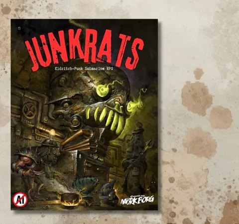 JUNKRATS Eldritch-Punk Submarine RPG cover with robot and characters.