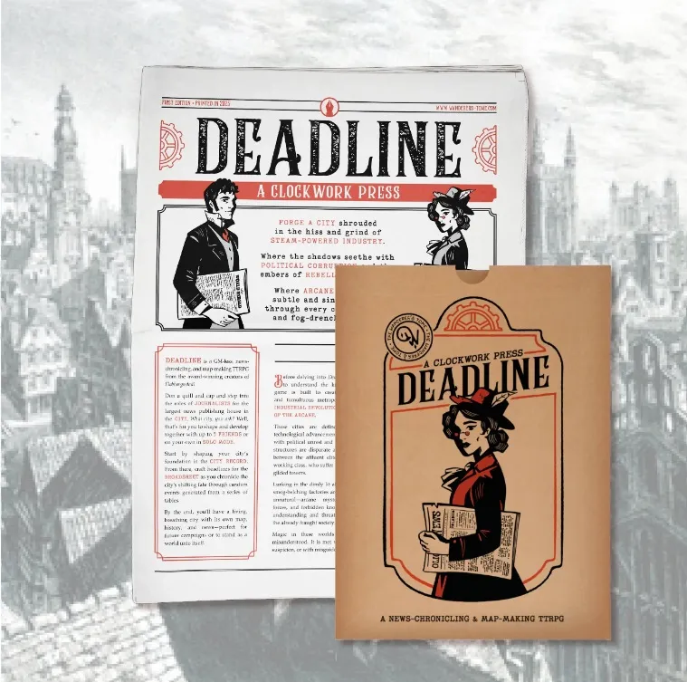 "Deadline" newspaper and booklet with steampunk city backdrop.