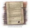 A handwritten letter on aged paper with ink blots, wooden background. Text: "A HASTILY WRITTEN LETTER"