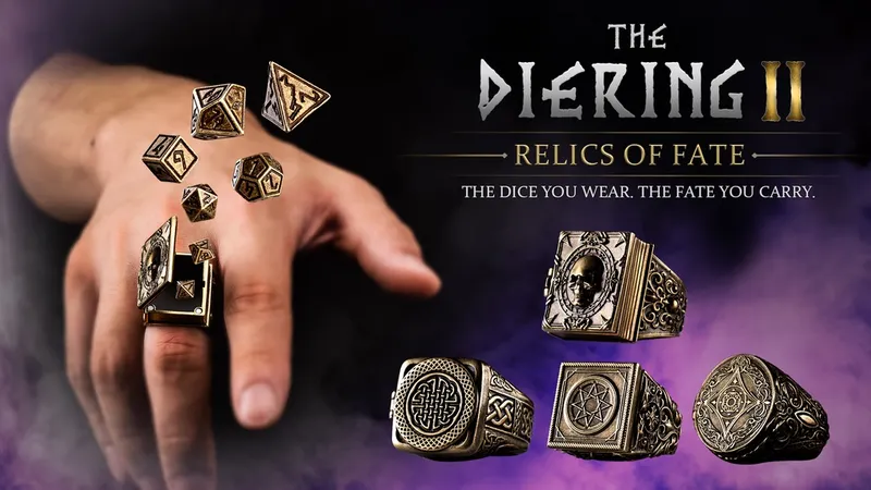 Four fantasy-themed rings are displayed prominently, each featuring intricate designs and motifs. The rings include Gravebound Tome with a skull motif, Runic Oath, Elven Crest, and Arcane Sigil, all crafted from brass with an aged finish. Floating around the rings are various polyhedral dice, highlighting the unique feature of each ring containing a hidden compartment for a complete set of miniature RPG dice.