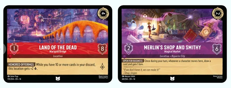 Two Disney Lorcana TCG cards: one with a bridge and number 8, another titled "Merlin's Shop" with a character.