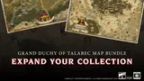 Two detailed maps are displayed side by side, featuring the Grand Duchy of Talabec and the Empire in 2276 IC, both designed for the Warhammer: The Old World Roleplaying Game. The left map shows the Talabec region with notable landmarks and a vibrant color palette, while the right map illustrates the broader Empire, adorned with various heraldic symbols. The text "GRAND DUCHY OF TALABEC MAP BUNDLE" and "EXPAND YOUR COLLECTION" is prominently featured at the bottom.