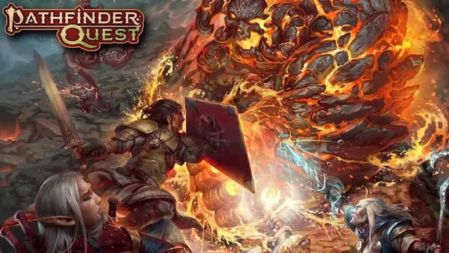 A dynamic illustration features two adventurers engaged in battle against a large, fiery creature in a chaotic, volcanic landscape. The first character, a male warrior wielding a sword and shield, is positioned prominently in the foreground, while a female elf with silver hair looks on, ready to assist. The background is filled with swirling flames and dark, rocky terrain, enhancing the sense of action and adventure. The title "Pathfinder Quest" is displayed at the top in bold, stylized lettering.
