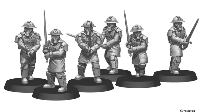 A group of four 28mm scale miniatures, known as Trench Raiders, are depicted in a grayscale design. Each figure is wearing a Brodie helmet with an integrated gas mask and is dressed in long coats, showcasing a variety of poses. They are armed with different weapons, including a sword and a firearm, and stand on circular bases, emphasizing their versatility for various gaming scenarios.