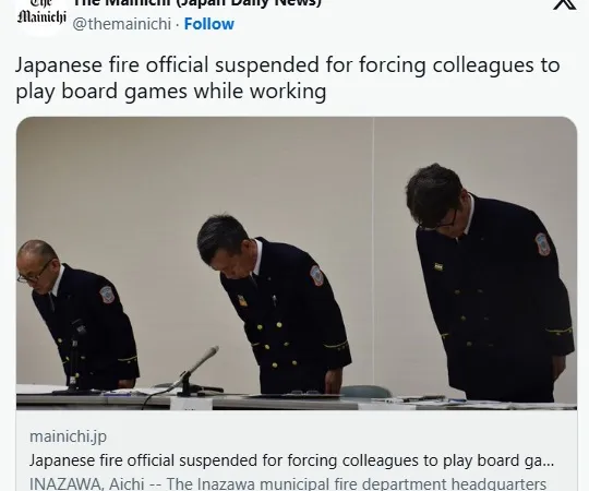 Three firefighters in uniform are bowing their heads in a formal setting, likely during a press conference or disciplinary meeting. The two on the left are wearing dark blue uniforms with badges, while the one on the right has a slightly different posture, suggesting a moment of reflection or apology. The background is neutral, focusing attention on the individuals and their solemn demeanor.