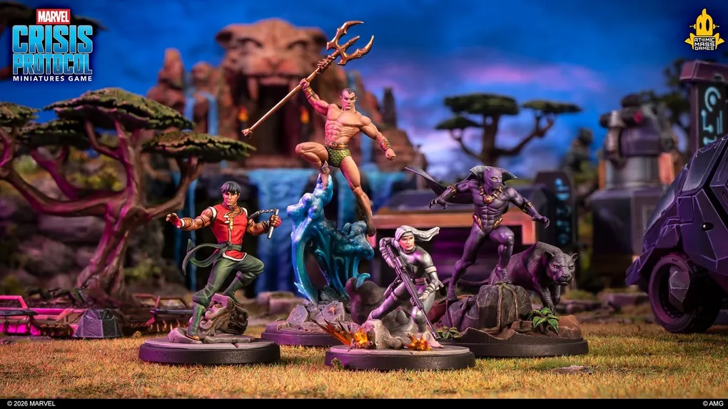 Four painted miniatures: Shang-Chi, Namor, Black Panther, and Silver Sable, on bases with terrain.