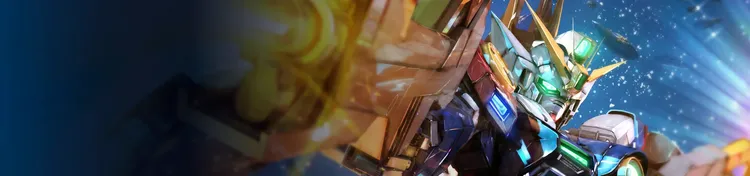 A detailed illustration features a Gundam mobile suit with a striking design, showcasing vibrant colors including blue, green, and gold. The suit's head is adorned with prominent golden horns and glowing green eyes, set against a backdrop of a starry space environment. The dynamic composition suggests movement, with hints of distant celestial bodies and debris, enhancing the sense of action and adventure.