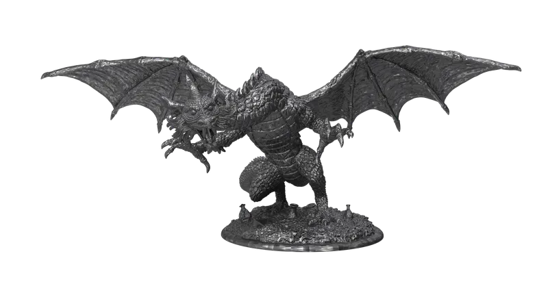 Gray metal dragon miniature with outstretched wings on a round base.