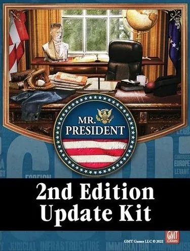 A detailed illustration of a presidential office features a large desk cluttered with papers and a globe, set against a backdrop of a window with curtains and a bust of a historical figure. Prominently displayed is a circular emblem reading 