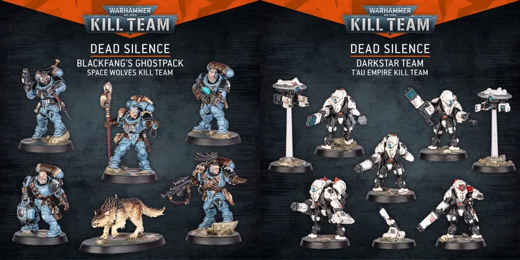 The image showcases two distinct teams from the new Kill Team set, Dead Silence. On the left, the Space Wolves are represented by two models: one is a veteran equipped with plasma weapons and a frost-rimmed combat blade, while the other is a Wolf Scout holding a rifle. On the right, the Tau team features several XV26 battlesuits, characterized by their sleek, white armor with blue accents, alongside a support drone. The background is a textured dark surface, enhancing the focus on the detailed miniatures.