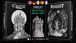 The image features promotional artwork for two tabletop games: "Escape the Dark Castle" Second Edition on the left, showcasing a detailed black-and-white illustration of a gothic castle against a full moon. In the center, a three-dimensional miniature of the Dark Castle is displayed, highlighting its intricate design. On the right, the title "Escape the Dark Forest" is presented with a dark, ominous illustration, suggesting a foreboding atmosphere. The text "FREE! Dark Castle Backer Gift!" is prominently featured, along with icons representing different languages at the top.