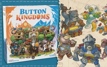 "Button Kingdoms" game box with cartoon animals and characters in armor.