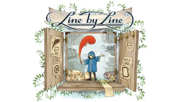 A wooden-framed window display with a banner reading "Line by Line." Inside, a small figure in a blue coat and hat holds a red feather quill, standing on rolled parchment. Shelves hold books and a teapot. Signs on the frame read "Poems," "Coffee," and "Open Mic."