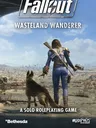 A lone vault dweller stands with their back to the viewer, gazing out over a desolate wasteland, accompanied by a dog. The character is dressed in a blue jumpsuit with a yellow stripe, equipped with a rifle slung across their back and a pistol in hand. In the background, a ruined cityscape is visible under a cloudy sky, emphasizing the post-apocalyptic setting. The text "A SOLO ROLEPLAYING GAME" is prominently displayed at the bottom.