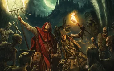 Warhammer Fantasy Roleplay: Sylvania The Cursed County, two figures with torches and undead in a dark forest.