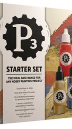 A box for the P3 Starter Set features a bold design with the P3 logo prominently displayed. The packaging showcases ten 18 ml dropper bottles of paint, including eight rich acrylics and two metallics, arranged in a visually appealing manner. Text on the box highlights the set as the ideal base range for hobby painting projects, emphasizing its creamy consistency, superior blending, and maximum pigment load.