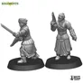 Two armored figures holding swords and guns on black bases.